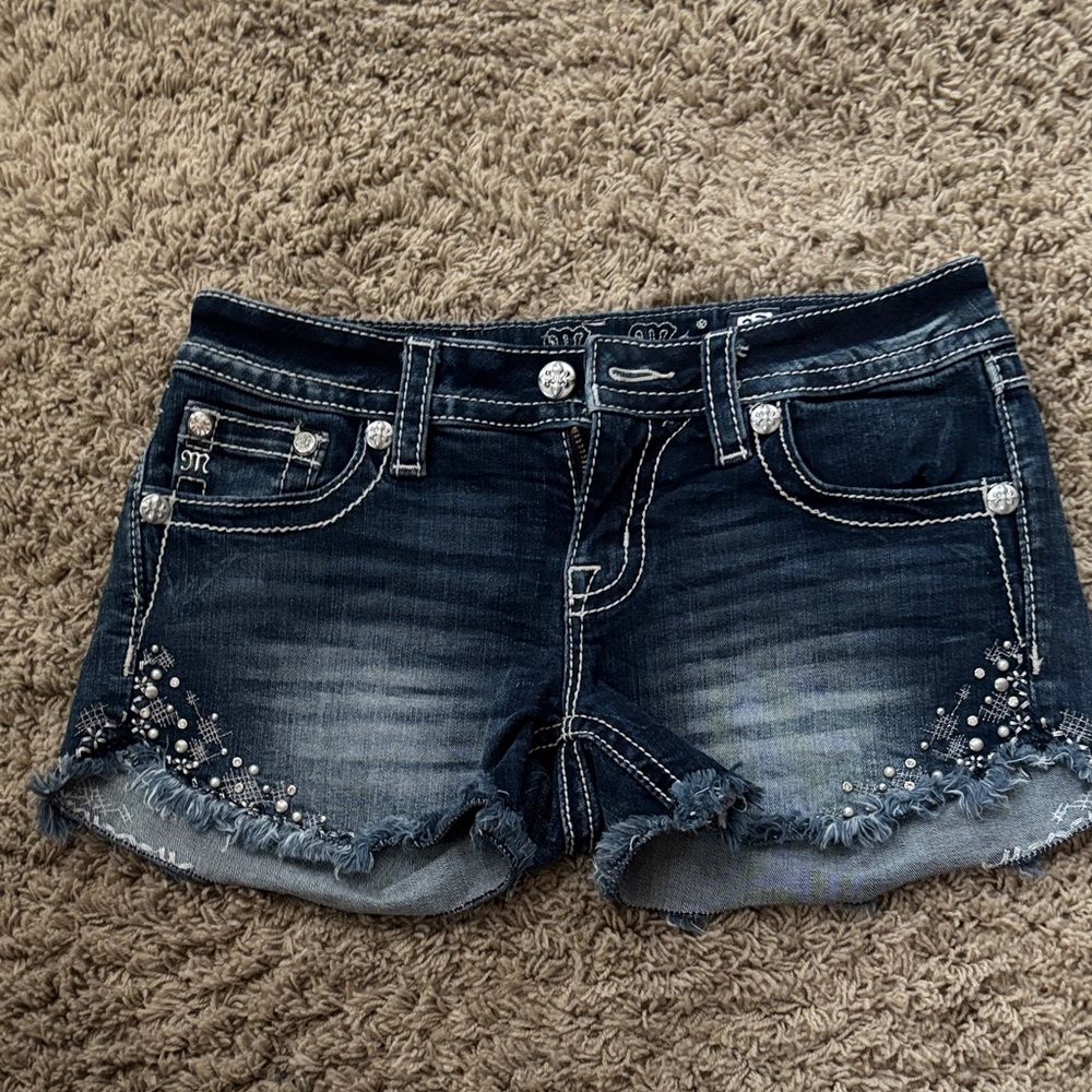 Miss Me Dark Blue Jean Shorts with Rhinestone Details